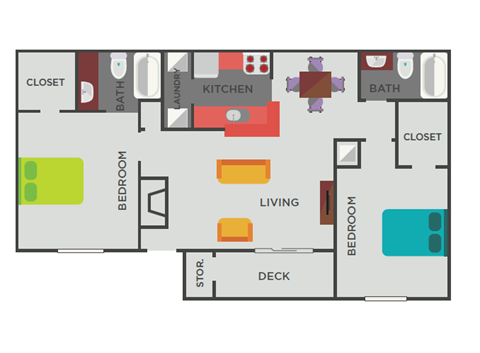 Floor plan for 2 beds, 2 baths, 1005 sqft